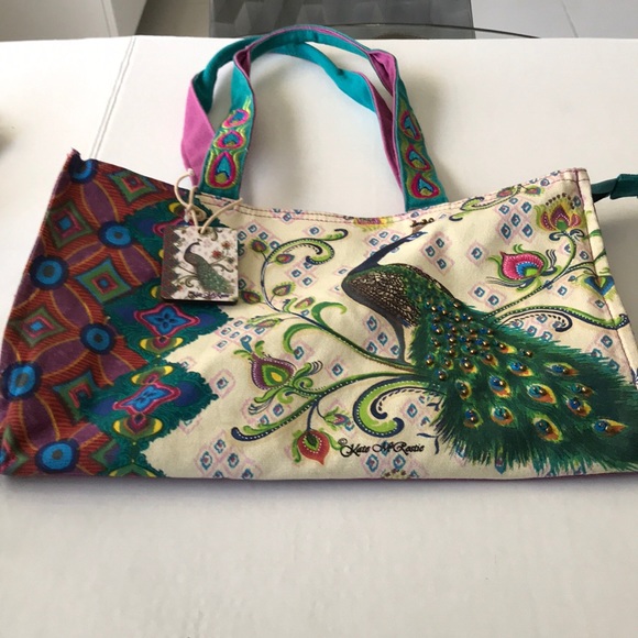 Kate McRostie Handbags - KATE McROSTIE Beaded Peacock Canvas Bag